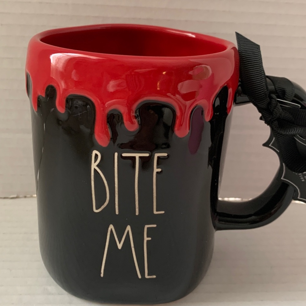 Rae Dunn Bite Me Red Drip Black Coffee Mug Cup Halloween NEW
